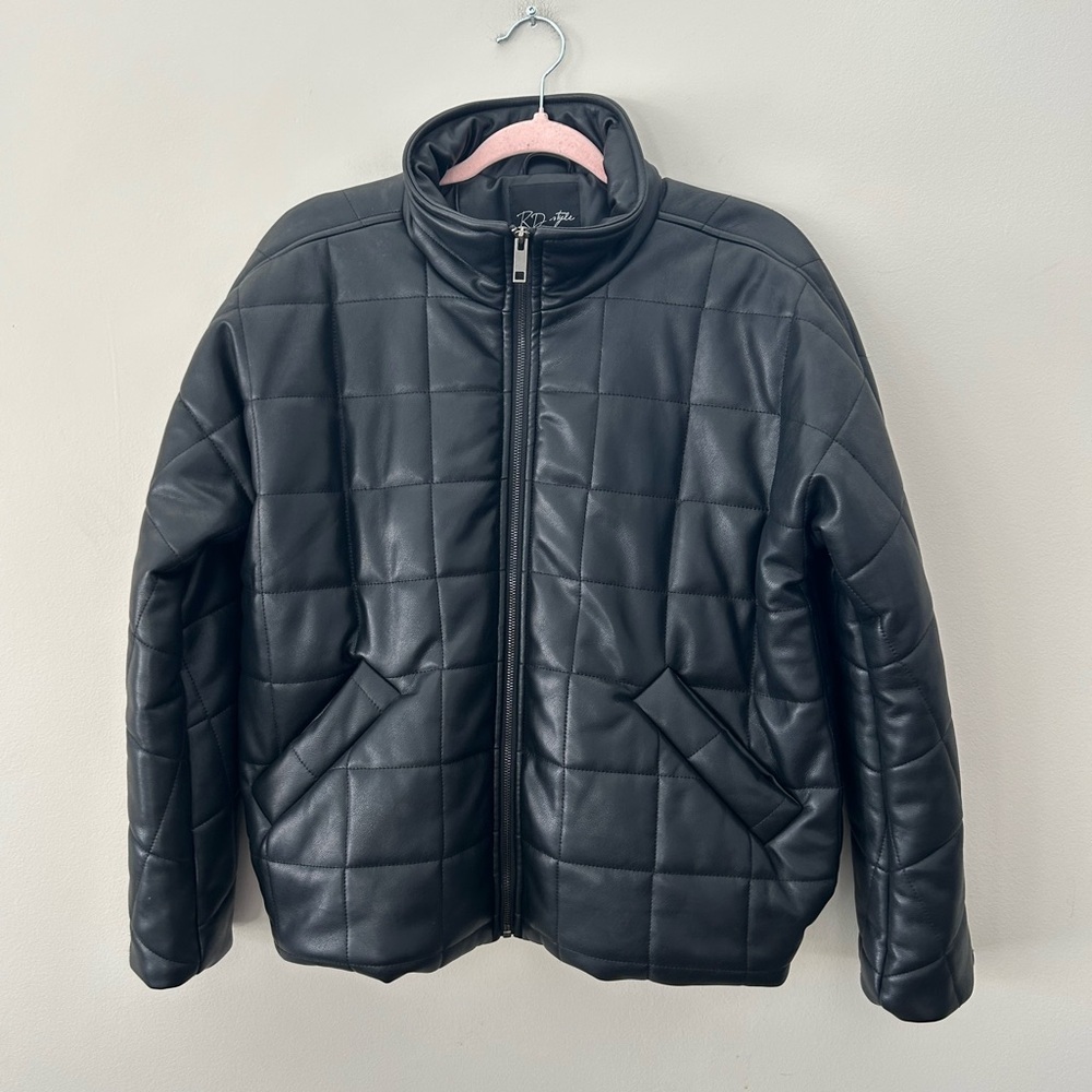 RD Style Quilted Black Vegan Leather Loose Fit S/L Biker Streetwear Jacket - Picture 4 of 6